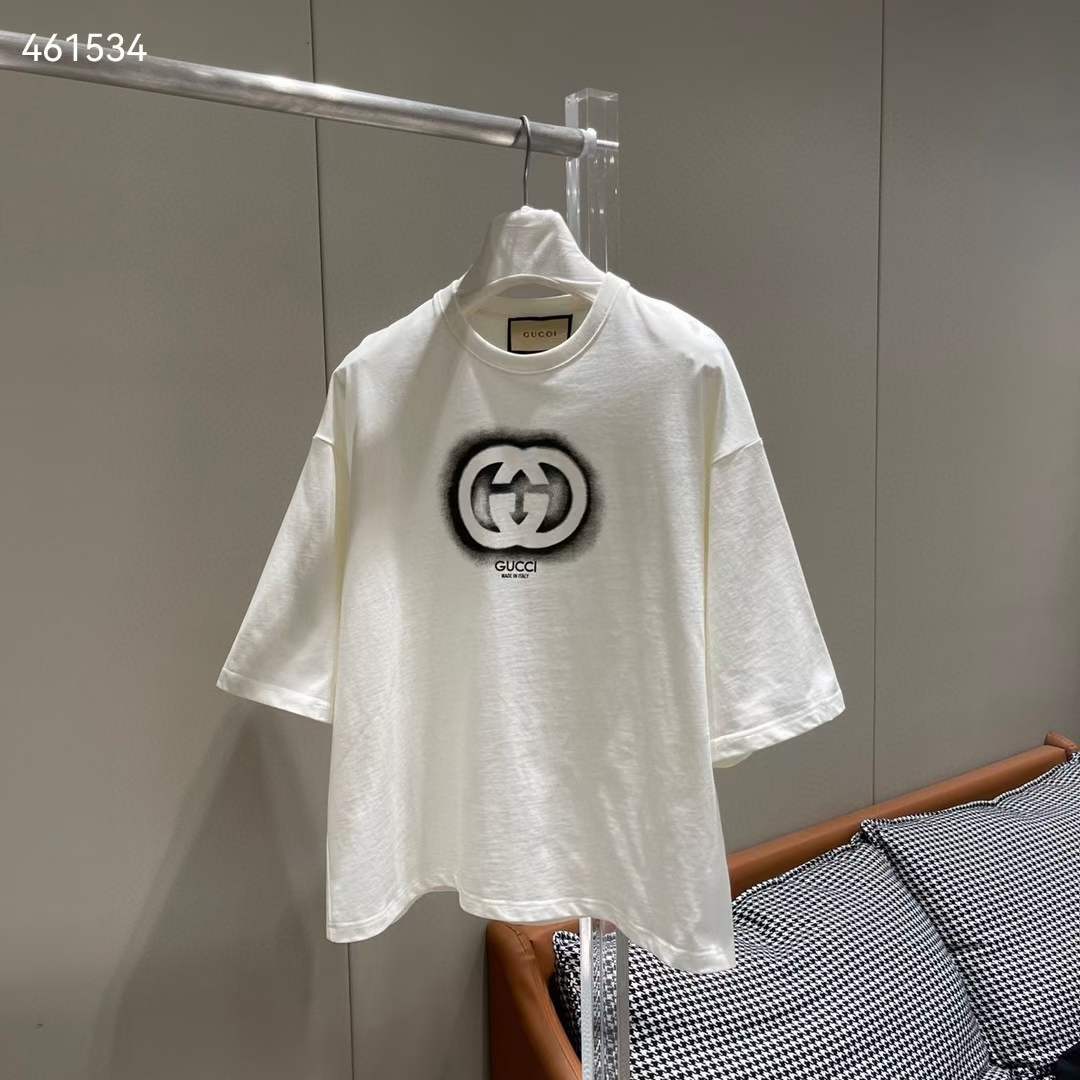 Gucci GG Women Cotton Jersey T-Shirt Crewneck Dropped Shoulder Short Sleeves
