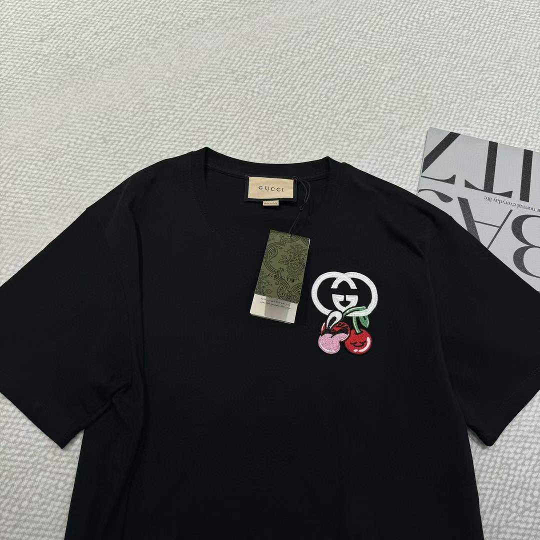 Gucci GG Men Cotton Jersey T-Shirt Patch Black Crewneck Short Sleeves