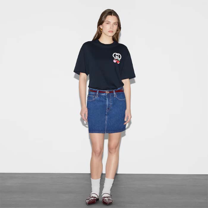 Gucci GG Women Cotton Jersey T-Shirt Patch Black Crewneck Short Sleeves