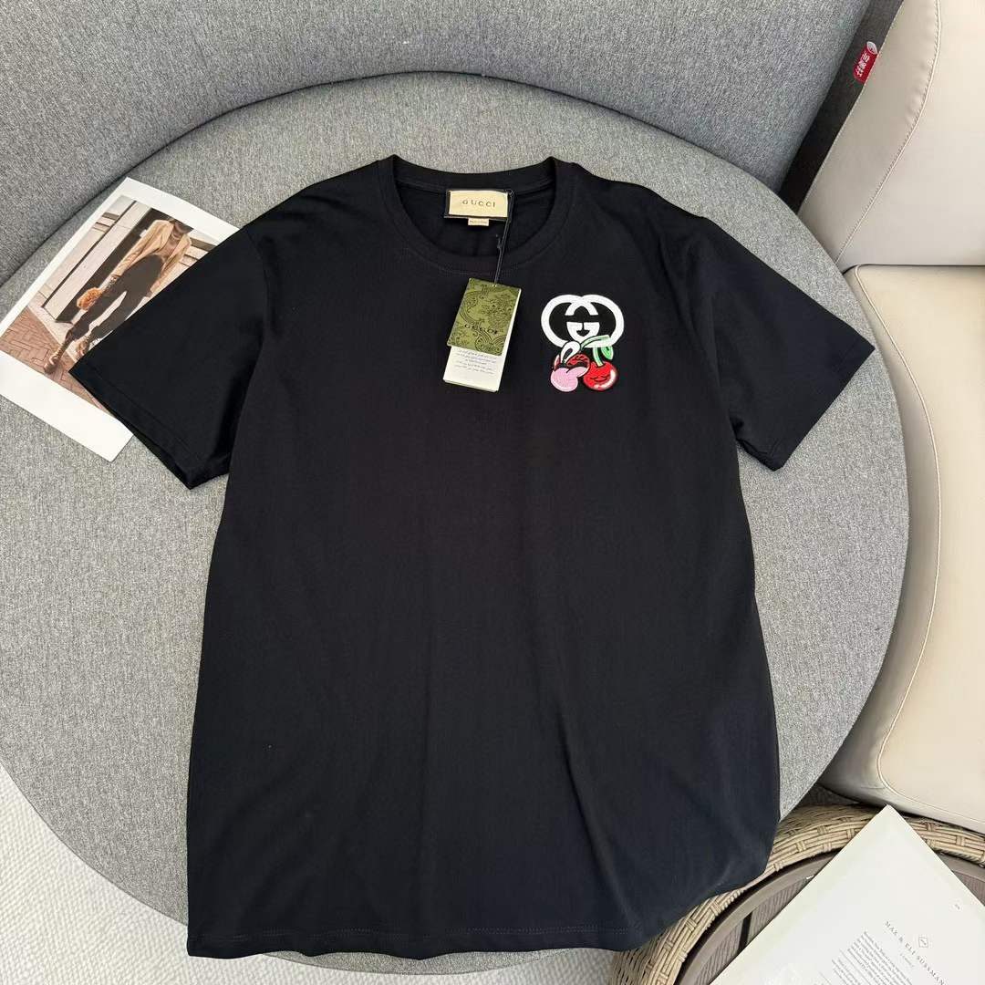 Gucci GG Men Cotton Jersey T-Shirt Patch Black Crewneck Short Sleeves