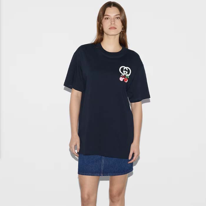 Gucci GG Women Cotton Jersey T-Shirt Patch Black Crewneck Short Sleeves
