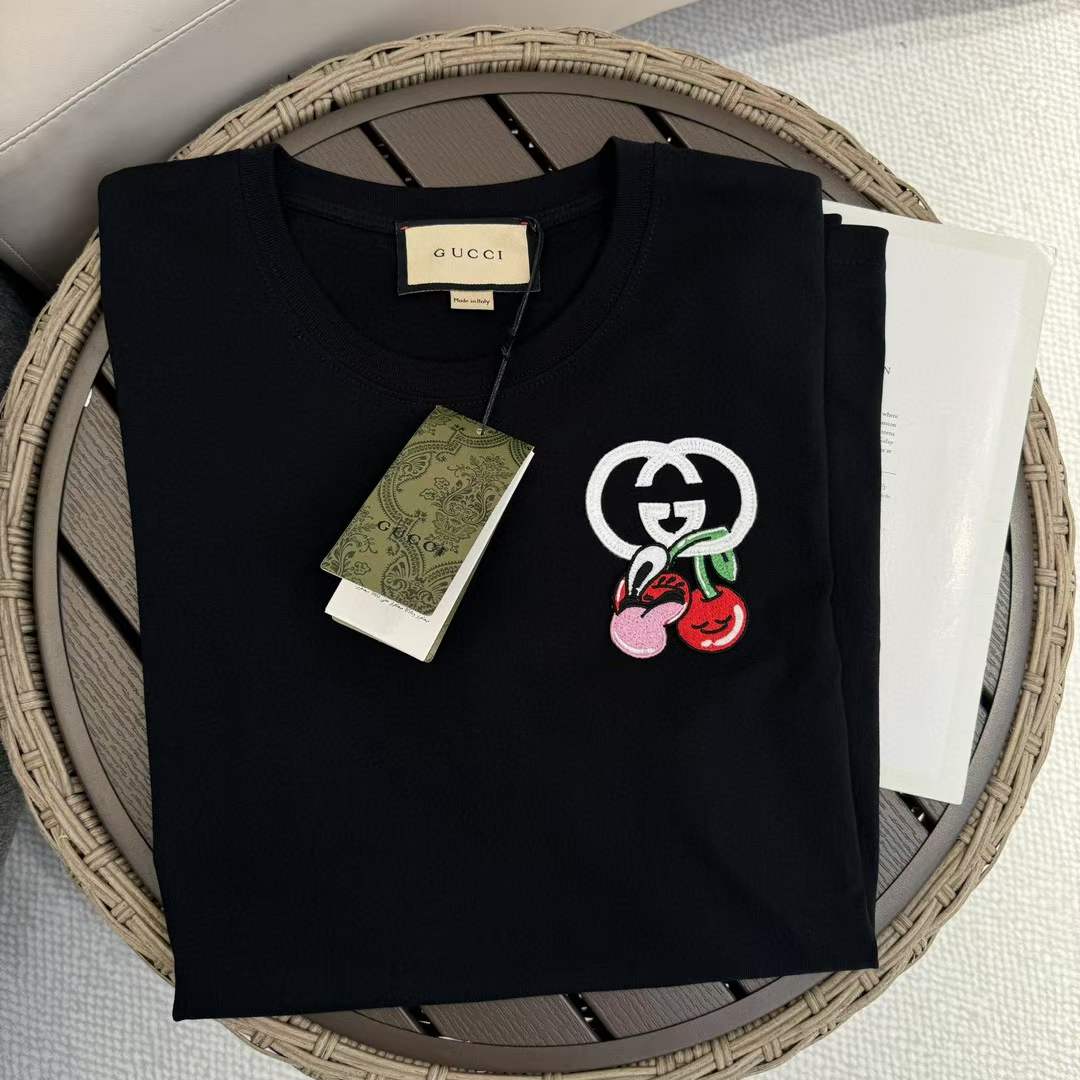 Gucci GG Men Cotton Jersey T-Shirt Patch Black Crewneck Short Sleeves
