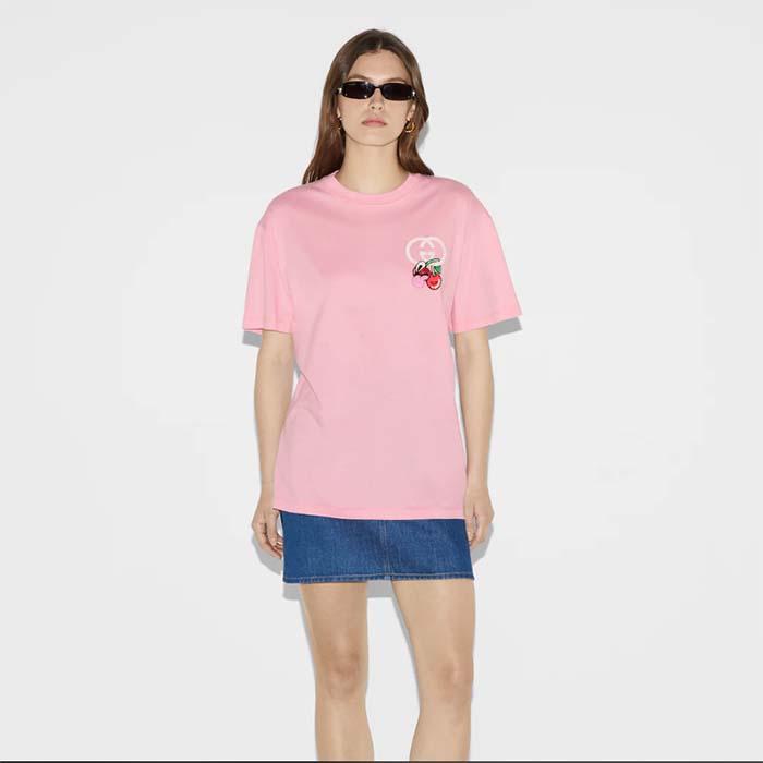 Gucci GG Women Cotton Jersey T-Shirt Patch Pink Crewneck Short Sleeves