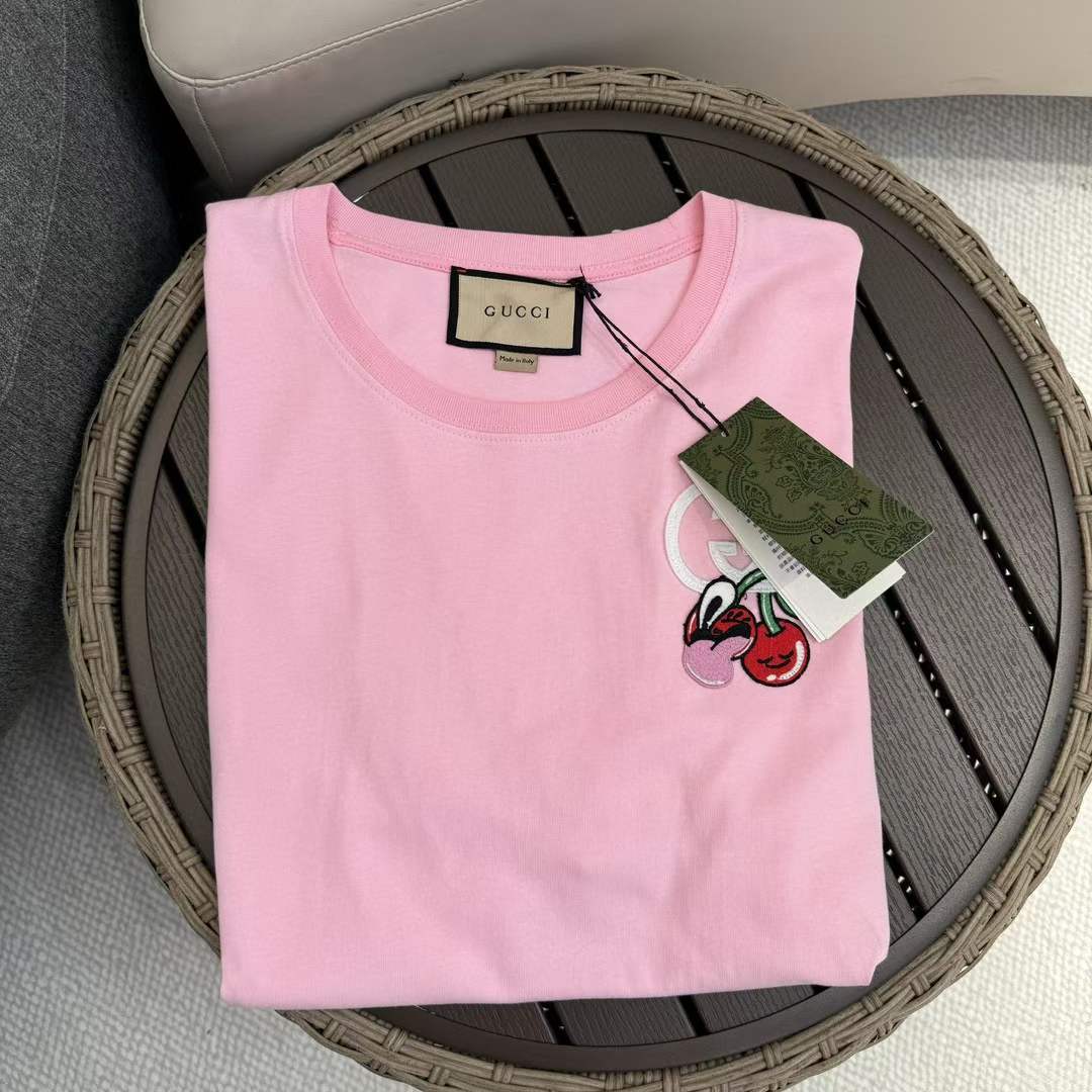 Gucci GG Men Cotton Jersey T-Shirt Patch Pink Crewneck Short Sleeves