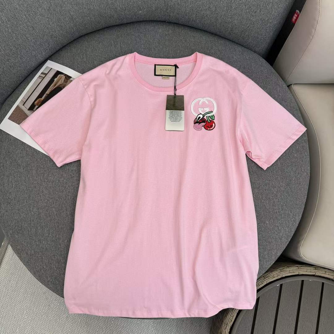 Gucci GG Men Cotton Jersey T-Shirt Patch Pink Crewneck Short Sleeves