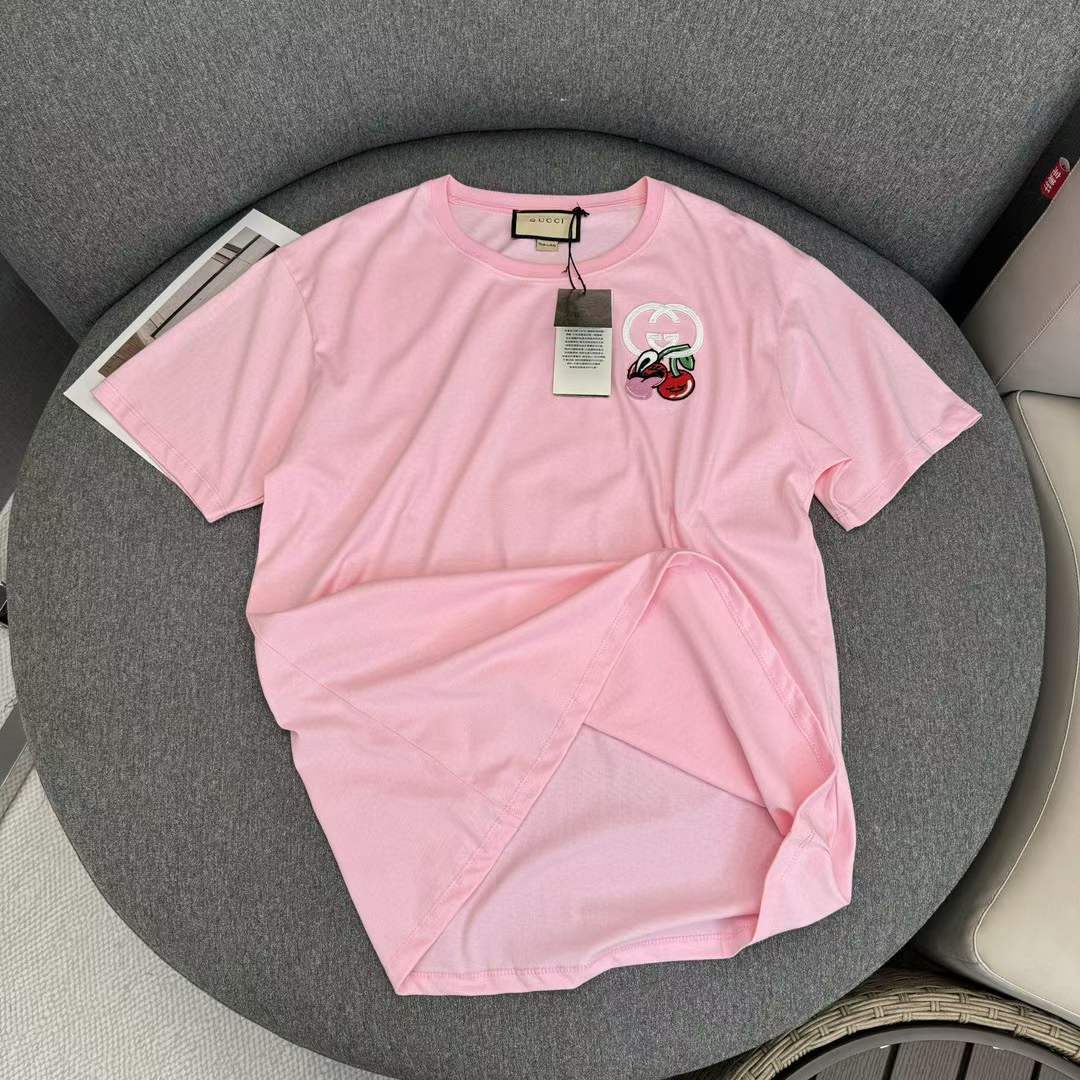 Gucci GG Men Cotton Jersey T-Shirt Patch Pink Crewneck Short Sleeves