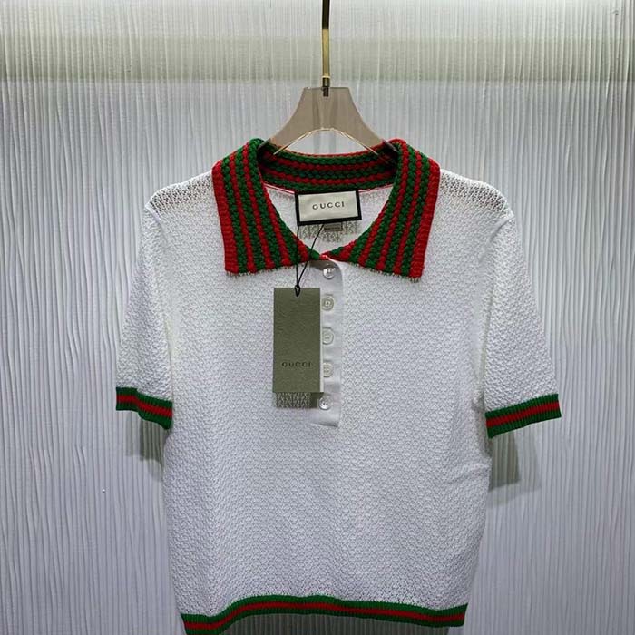 Gucci GG Women Cotton Lace Polo T-Shirt White Short Sleeves