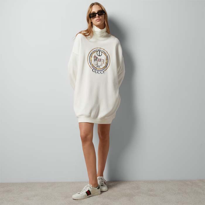 Gucci GG Women Jersey Sweatshirt Embroidery White Cotton Turtleneck Dropped Shoulder