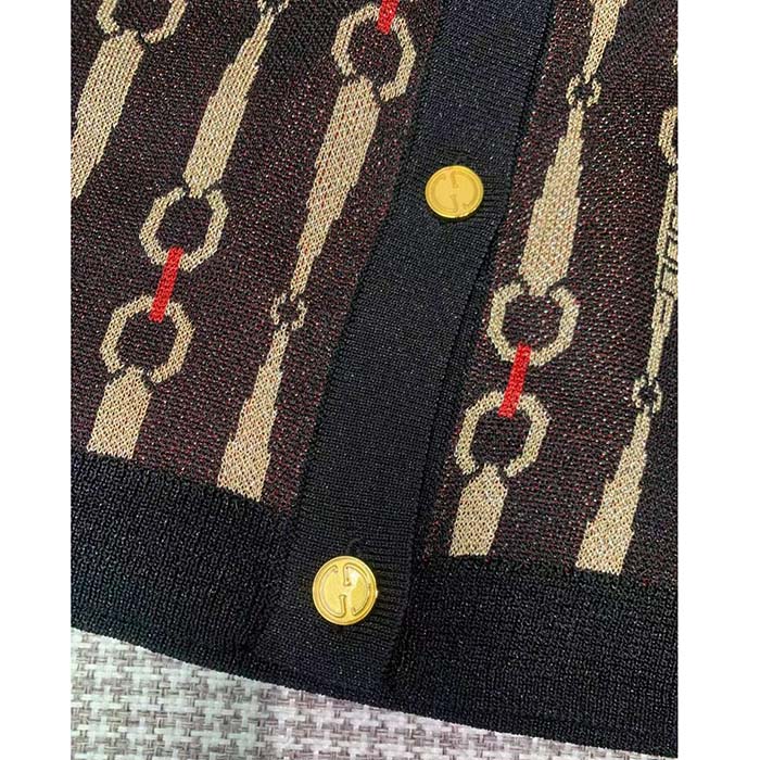 Gucci GG Women Lamé Horsebit Jacquard Cardigan Brown V-Neck
