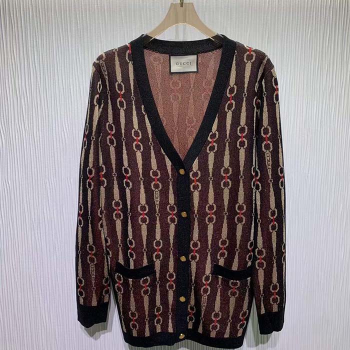 Gucci GG Women Lamé Horsebit Jacquard Cardigan Brown V-Neck