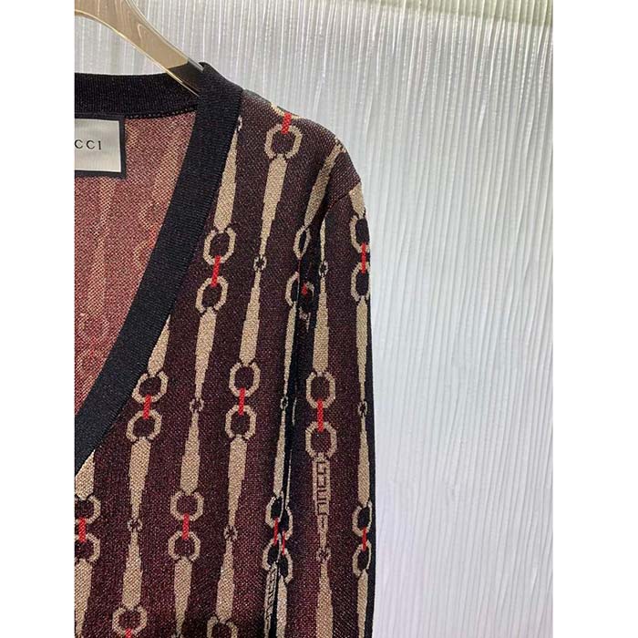 Gucci GG Women Lamé Horsebit Jacquard Cardigan Brown V-Neck