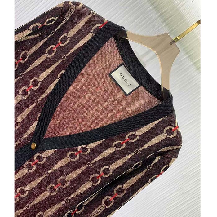 Gucci GG Women Lamé Horsebit Jacquard Cardigan Brown V-Neck