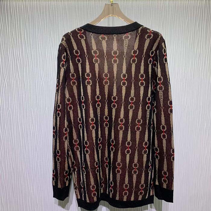 Gucci GG Women Lamé Horsebit Jacquard Cardigan Brown V-Neck