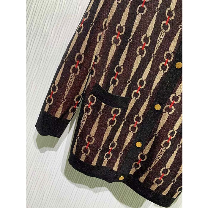 Gucci GG Women Lamé Horsebit Jacquard Cardigan Brown V-Neck