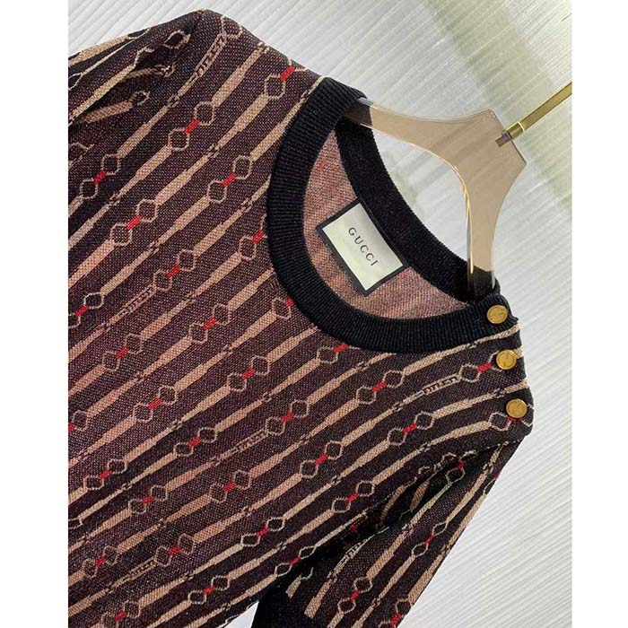 Gucci GG Women Lamé Horsebit Viscose Jacquard Top Crewneck Short Sleeves
