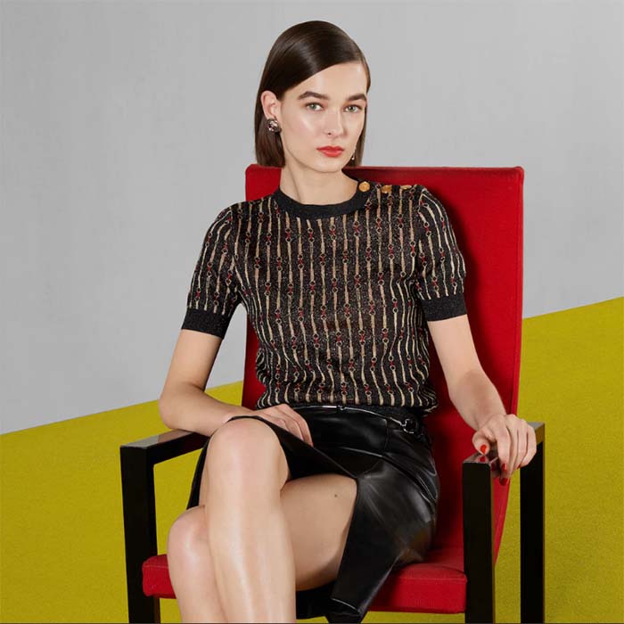 Gucci GG Women Lamé Horsebit Viscose Jacquard Top Crewneck Short Sleeves