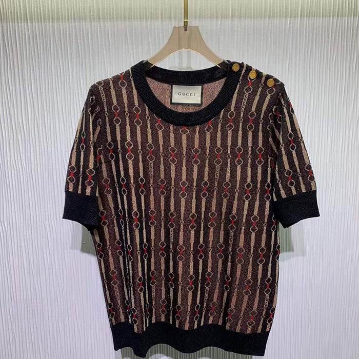 Gucci GG Women Lamé Horsebit Viscose Jacquard Top Crewneck Short Sleeves