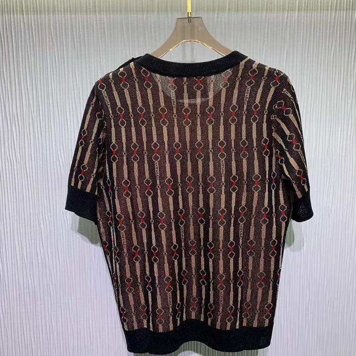 Gucci GG Women Lamé Horsebit Viscose Jacquard Top Crewneck Short Sleeves