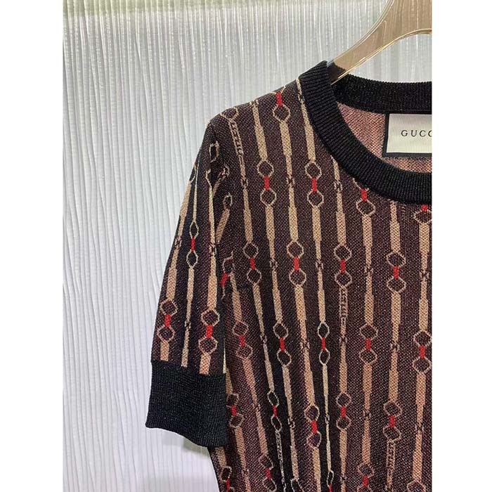 Gucci GG Women Lamé Horsebit Viscose Jacquard Top Crewneck Short Sleeves