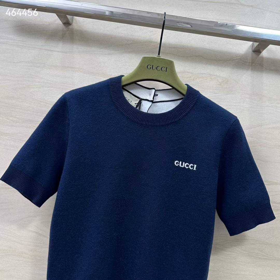 Gucci GG Women Wool Top Gucci Intarsia Navy Crewneck Short Sleeves