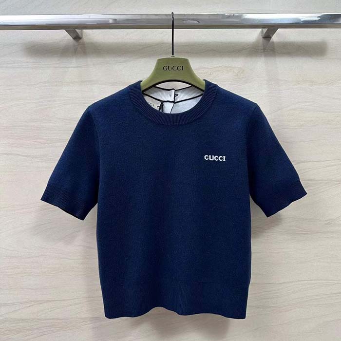 Gucci GG Women Wool Top Gucci Intarsia Navy Crewneck Short Sleeves