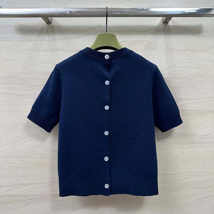 Gucci GG Women Wool Top Gucci Intarsia Navy Crewneck Short Sleeves