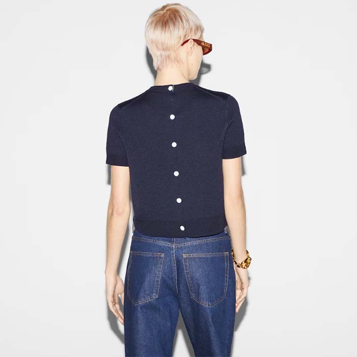 Gucci GG Women Wool Top Gucci Intarsia Navy Crewneck Short Sleeves