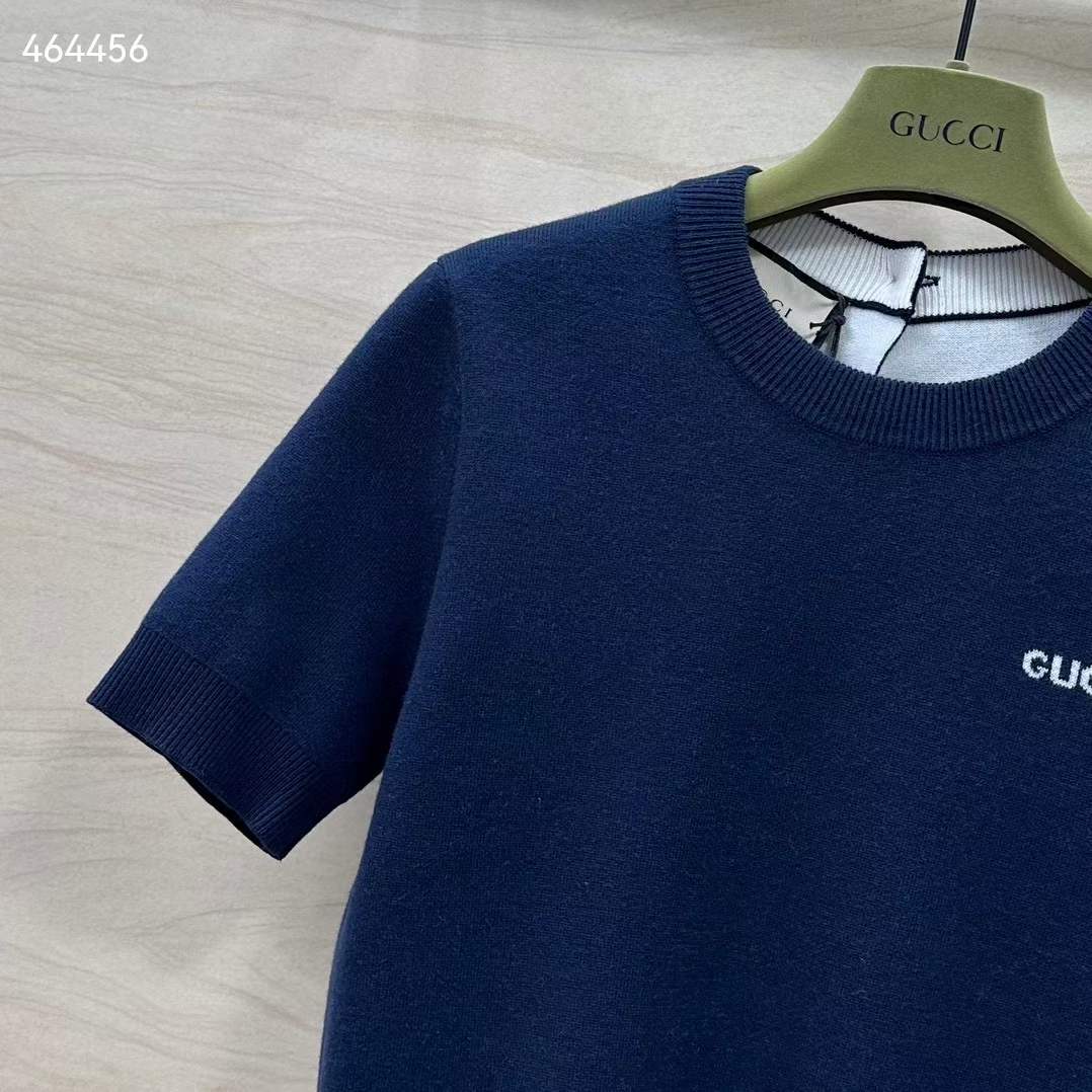Gucci GG Women Wool Top Gucci Intarsia Navy Crewneck Short Sleeves