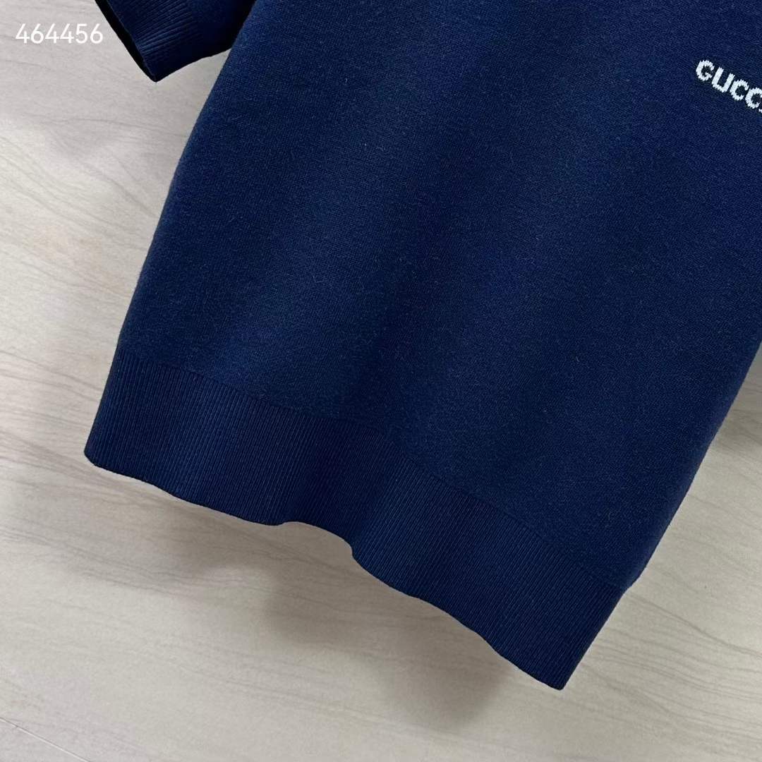 Gucci GG Women Wool Top Gucci Intarsia Navy Crewneck Short Sleeves