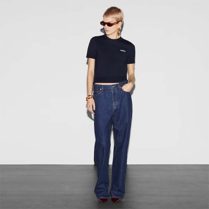 Gucci GG Women Wool Top Gucci Intarsia Navy Crewneck Short Sleeves