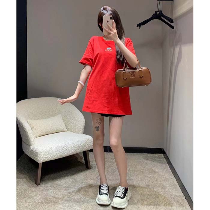 Gucci Women Cotton Jersey T-Shirt Embroidery Eyes Red Crewneck Short Sleeves