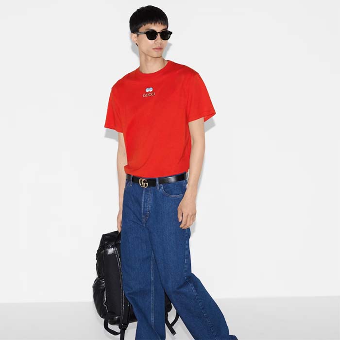 Gucci Men Cotton Jersey T-Shirt Embroidery Eyes Red Crewneck Short Sleeves