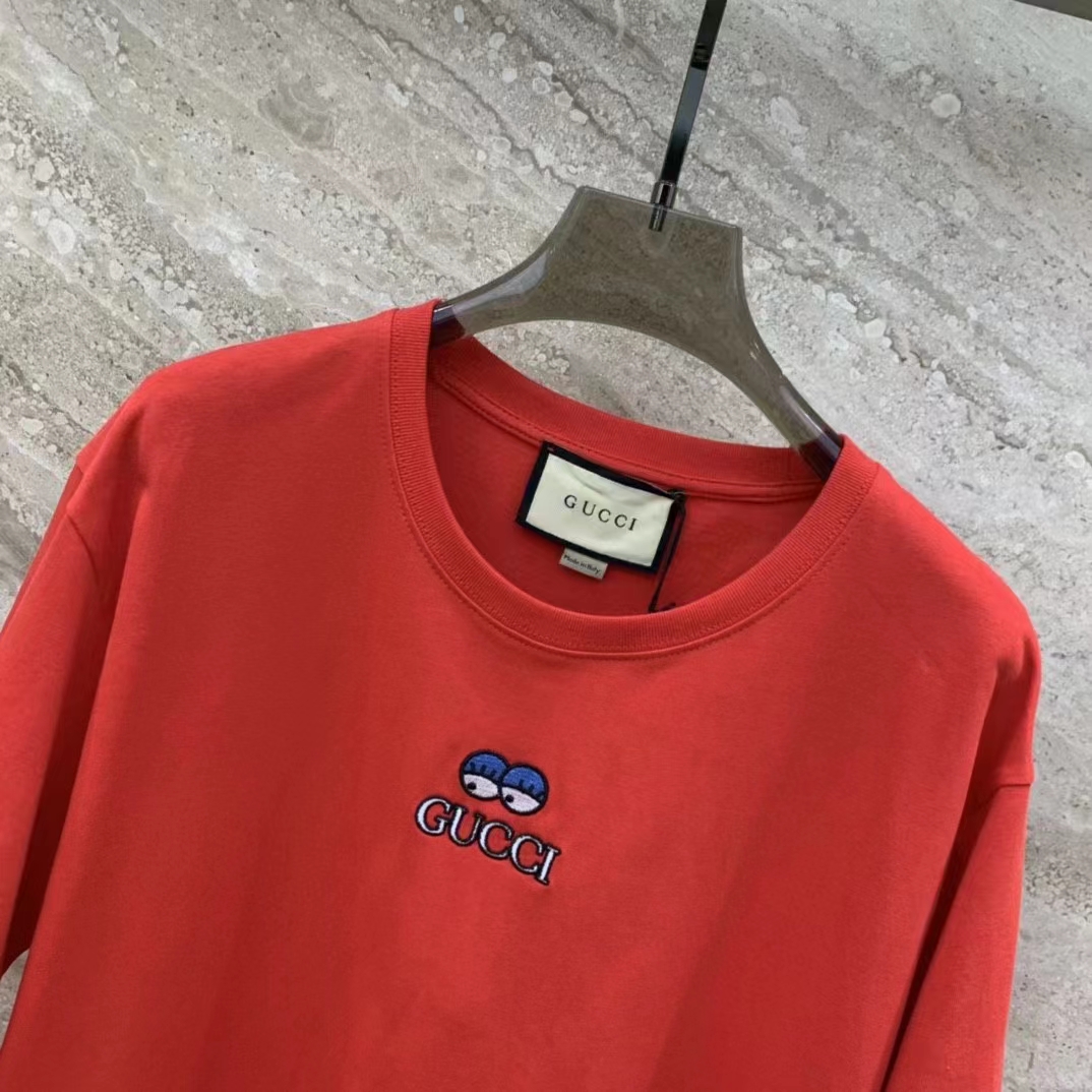 Gucci Men Cotton Jersey T-Shirt Embroidery Eyes Red Crewneck Short Sleeves