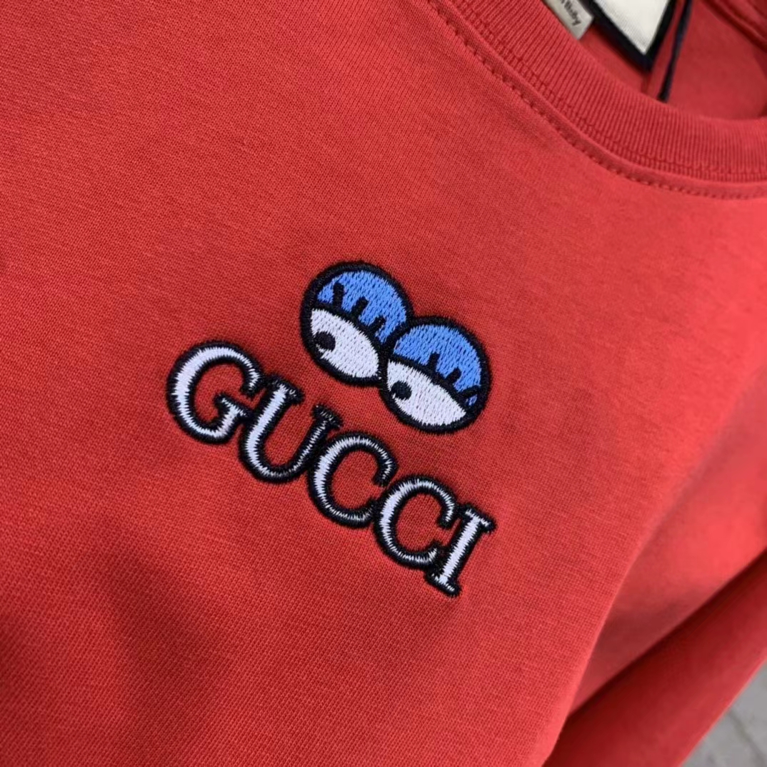 Gucci Men Cotton Jersey T-Shirt Embroidery Eyes Red Crewneck Short Sleeves