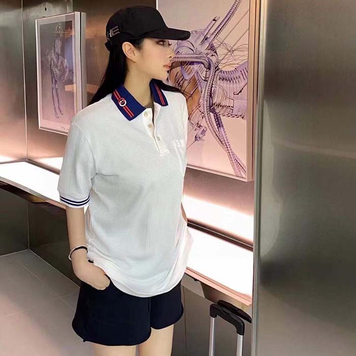 Gucci Women Cotton Piquet Polo Interlocking G White Side Vents Short Sleeves
