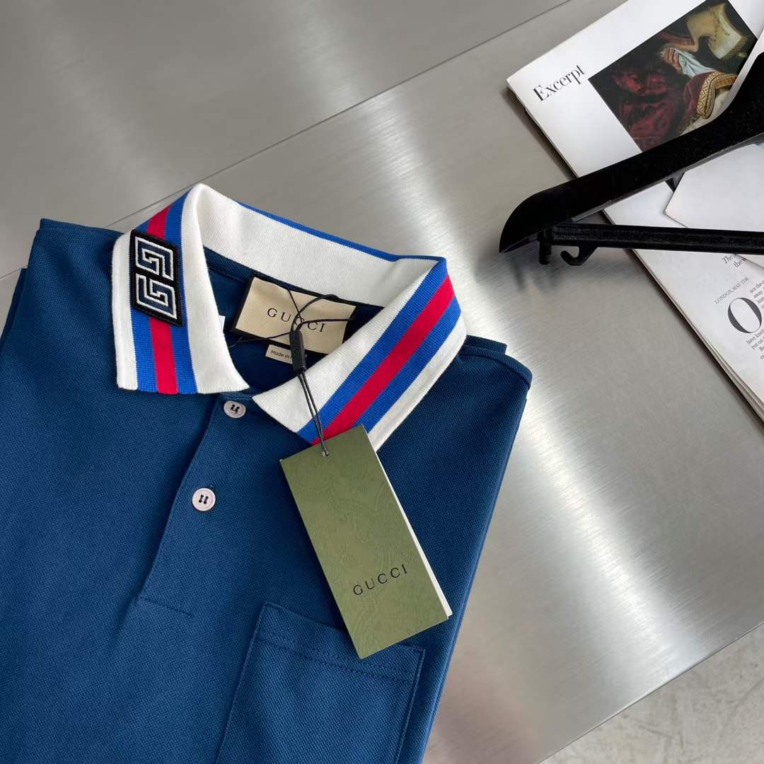 Gucci Men Cotton Piquet Polo Square GG Blue Collar Short Sleeves