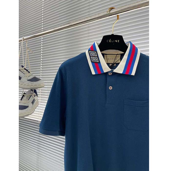 Gucci Men Cotton Piquet Polo Square GG Blue Collar Short Sleeves