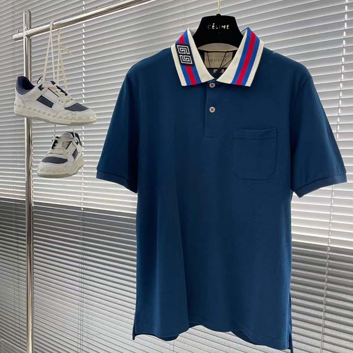 Gucci Men Cotton Piquet Polo Square GG Blue Collar Short Sleeves