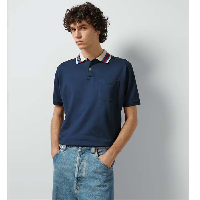 Gucci Men Cotton Piquet Polo Square GG Blue Collar Short Sleeves