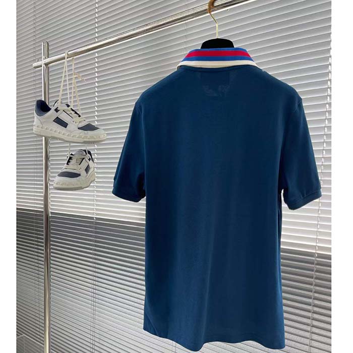 Gucci Men Cotton Piquet Polo Square GG Blue Collar Short Sleeves