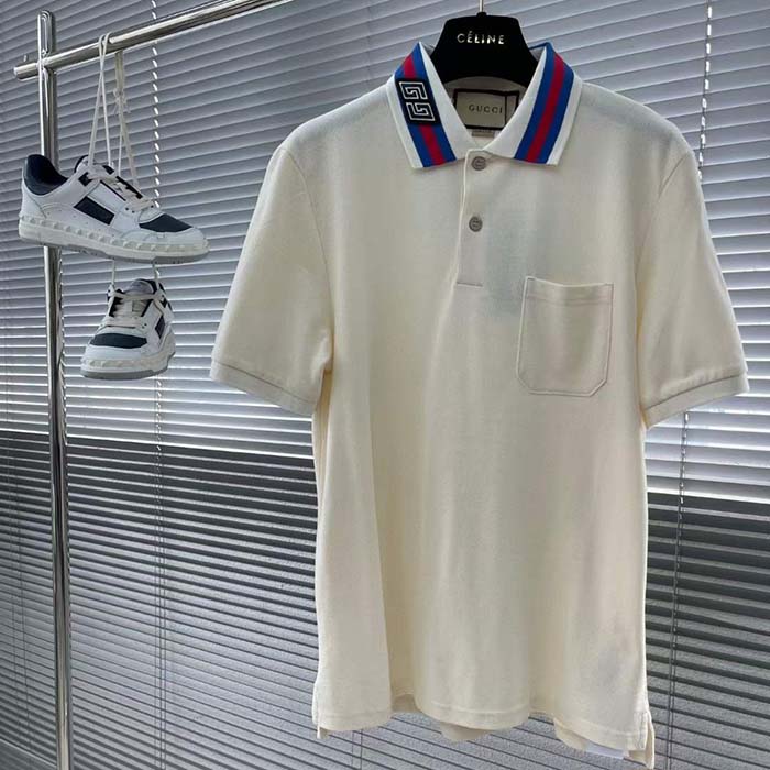 Gucci Men Cotton Piquet Polo Square GG Collar Short Sleeves