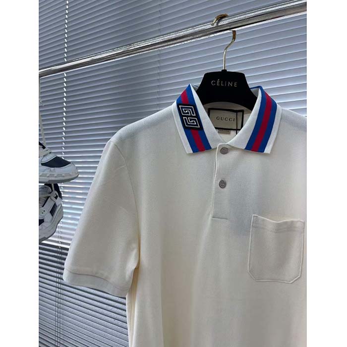Gucci Men Cotton Piquet Polo Square GG Collar Short Sleeves