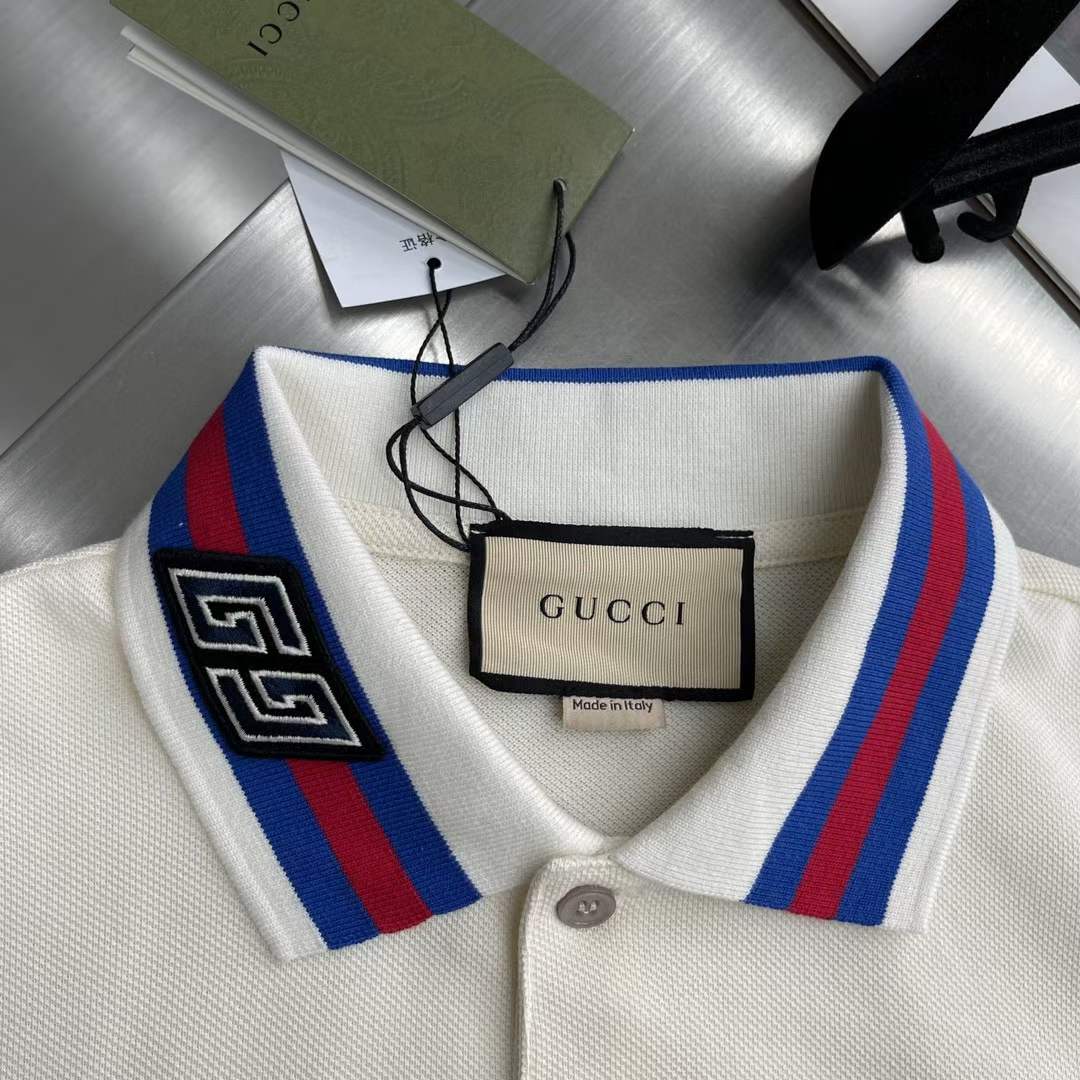 Gucci Men Cotton Piquet Polo Square GG Collar Short Sleeves