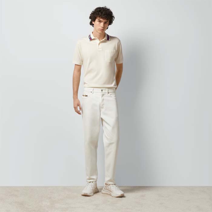 Gucci Men Cotton Piquet Polo Square GG Collar Short Sleeves