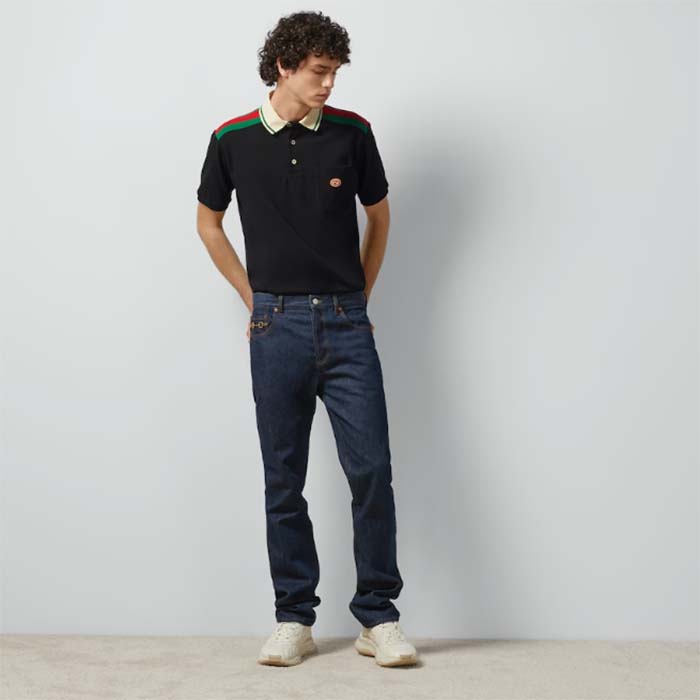 Gucci Men Cotton Polo Interlocking G Black Short Sleeves Regular Fit