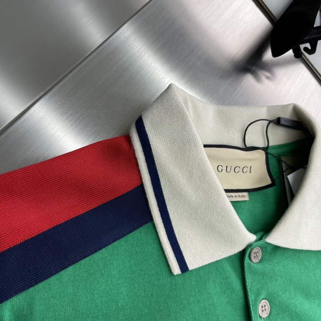 Gucci Men GG Cotton Polo Interlocking G Green Short Sleeves Chest Pocket