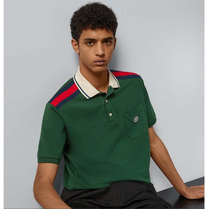 Gucci Men GG Cotton Polo Interlocking G Green Short Sleeves Chest Pocket