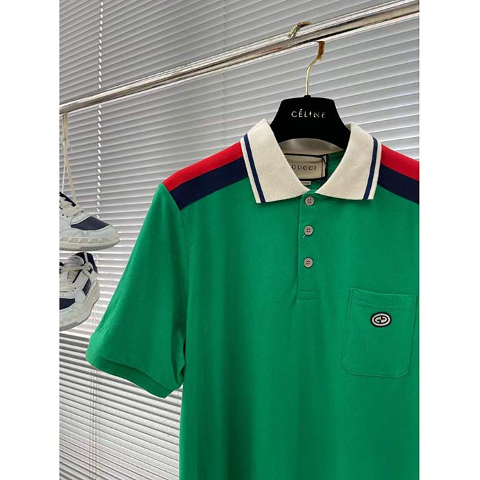 Gucci Men GG Cotton Polo Interlocking G Green Short Sleeves Chest Pocket