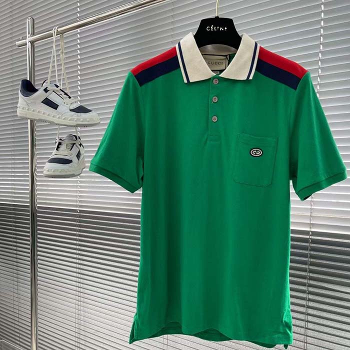Gucci Men GG Cotton Polo Interlocking G Green Short Sleeves Chest Pocket