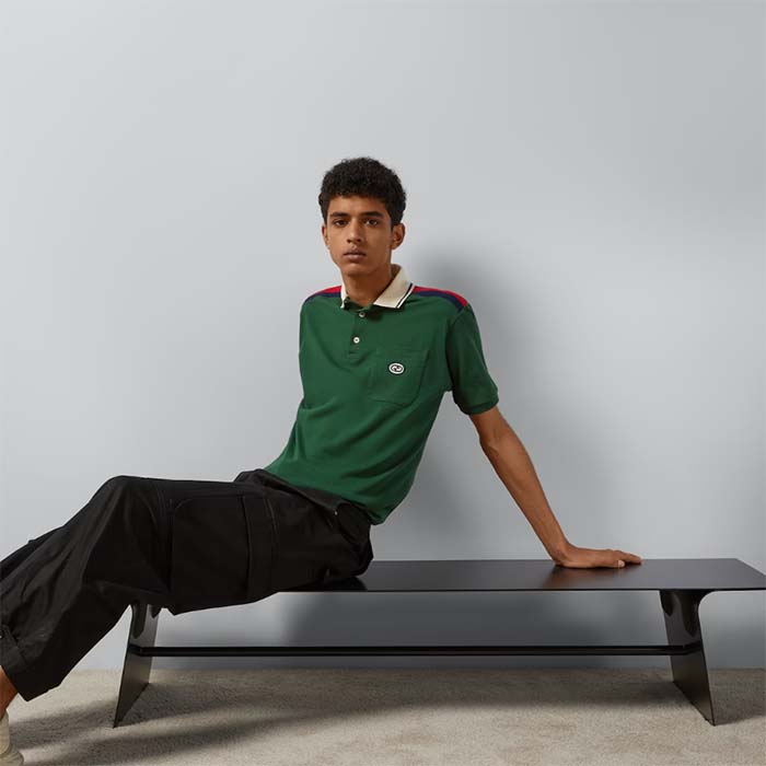 Gucci Men GG Cotton Polo Interlocking G Green Short Sleeves Chest Pocket